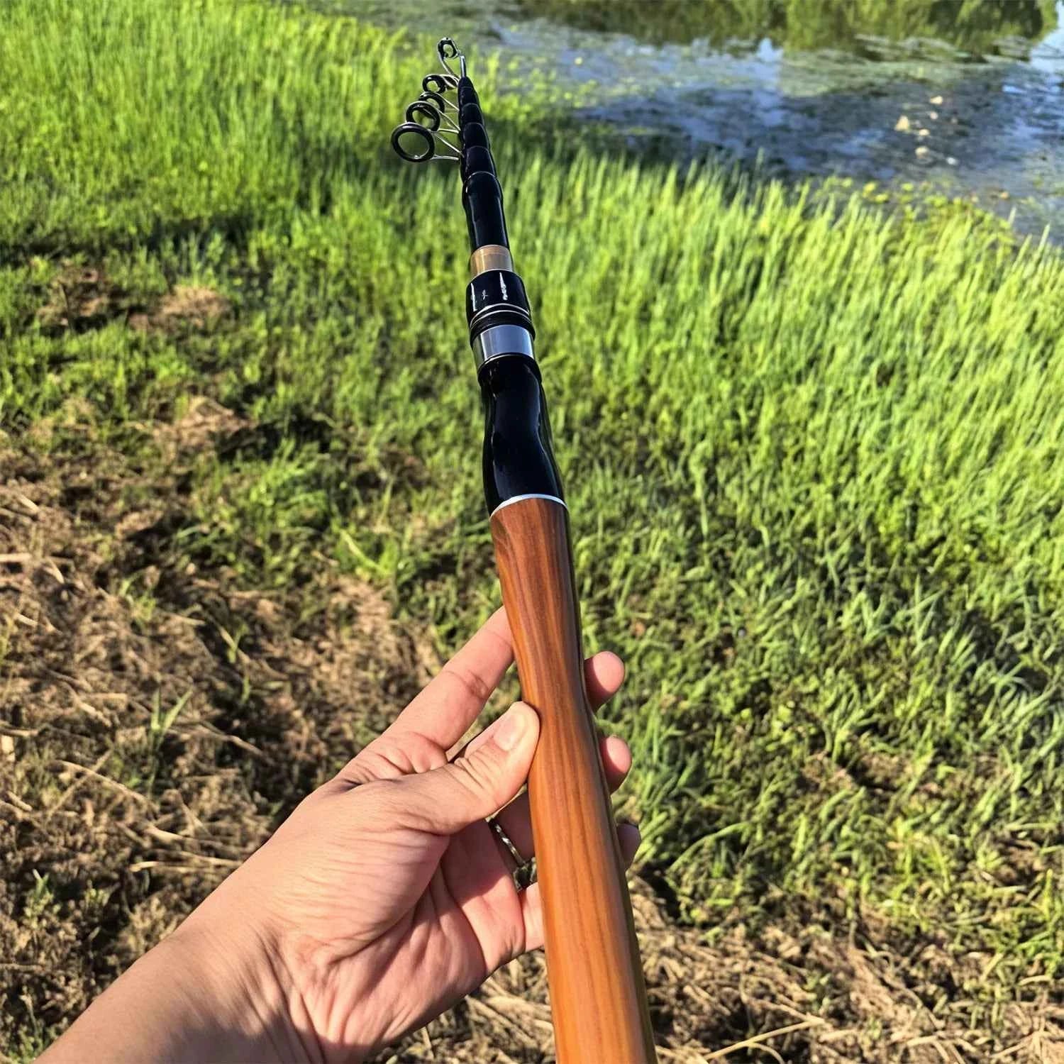 Telescopic Carbon Fishing Rods Rod - Lightweight Spinning/Baitcaster Fishing Rod for Freshwater & Saltwater with Wooden Fishing Rod Grip