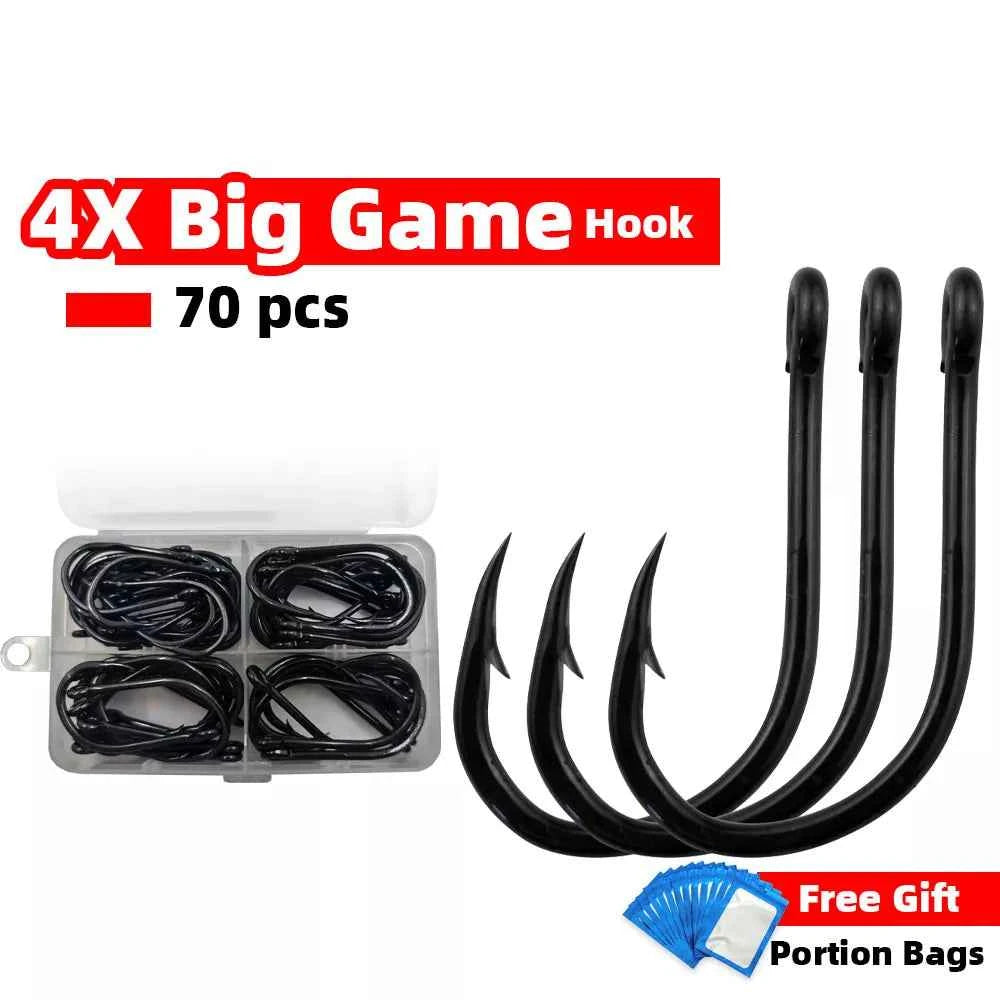 Big Game Fishing Hooks - High-Strength Alloy Steel Offset Tackle Hooks Box (#19–#28)