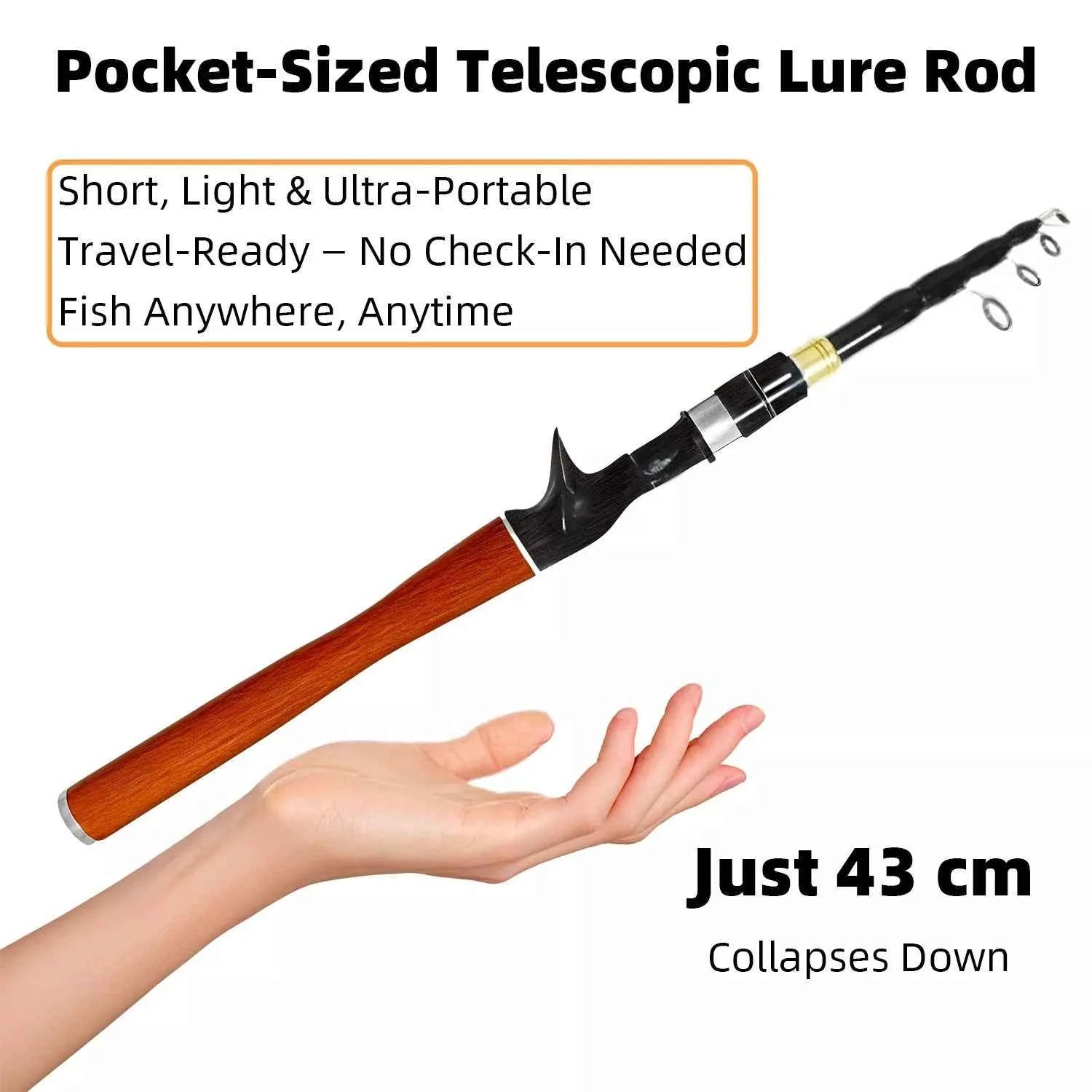 Telescopic Carbon Fishing Rods Rod - Lightweight Spinning/Baitcaster Fishing Rod for Freshwater & Saltwater with Wooden Fishing Rod Grip