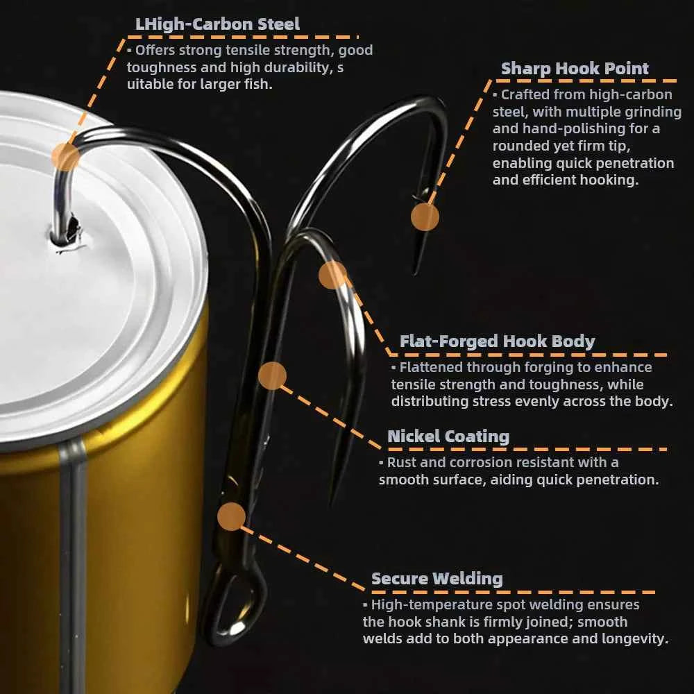 High Carbon Steel Treble Hooks Assorted Sizes #8–#5/0 | Durable Treble Hooks for Bass, Tuna & More