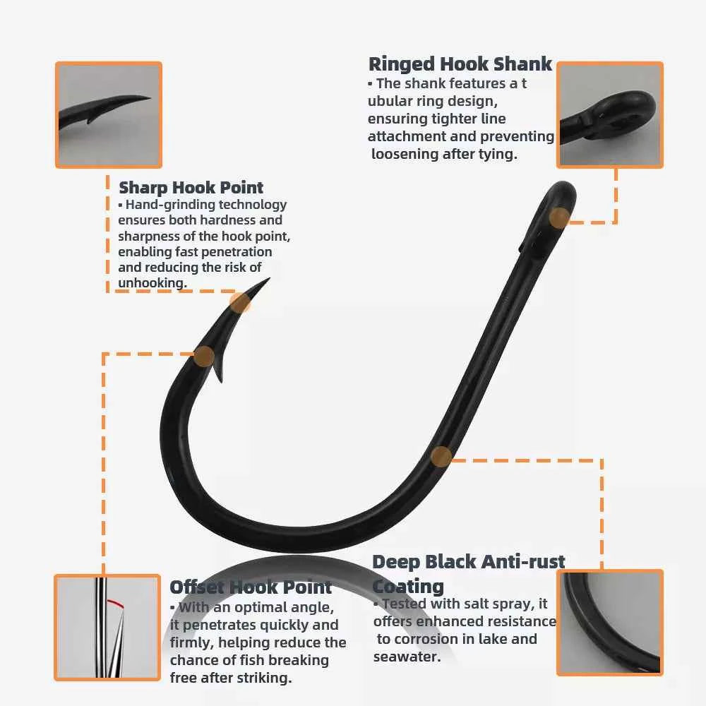 Big Game Fishing Hooks - High-Strength Alloy Steel Offset Tackle Hooks Box (#19–#28)