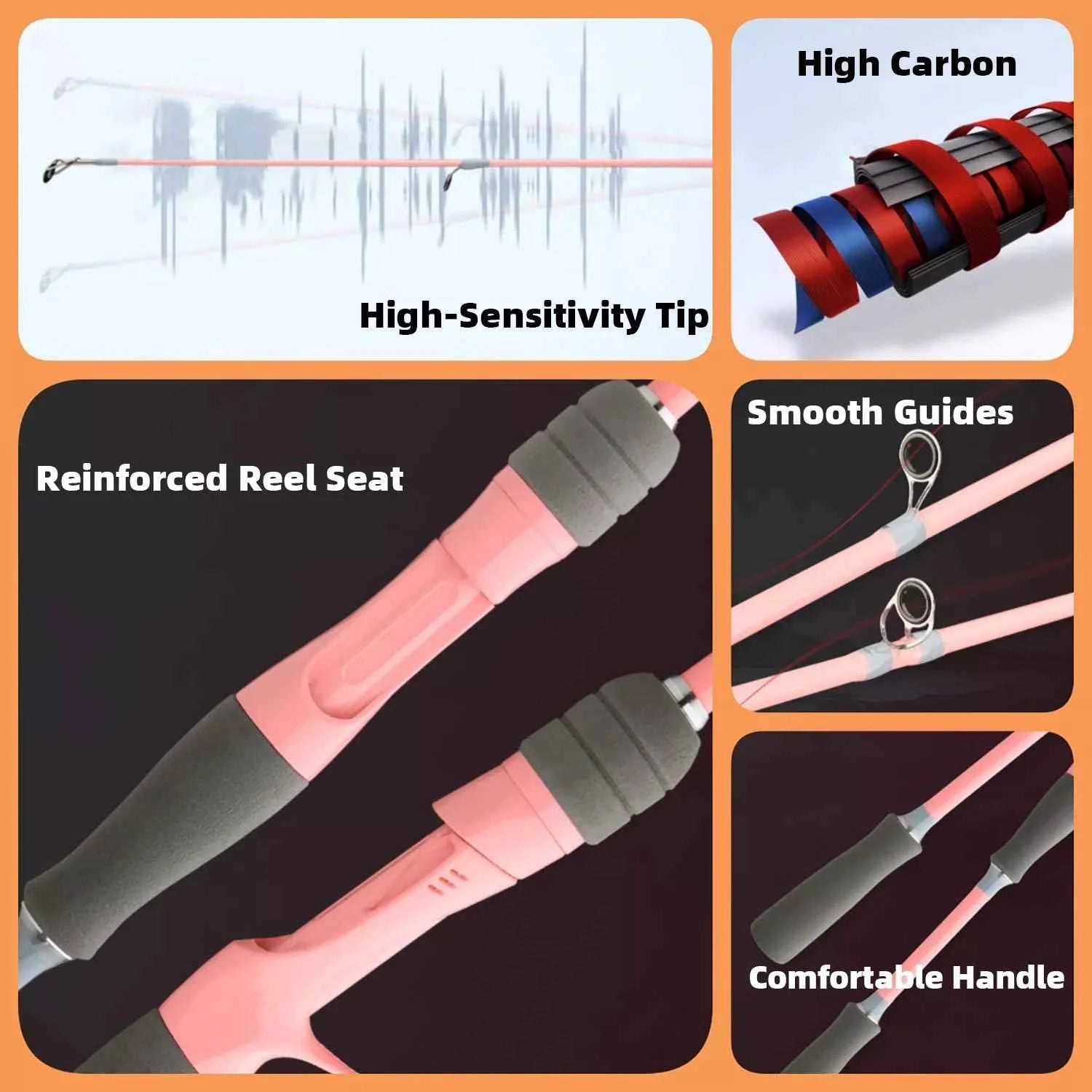 Pink Carbon Fishing Rod and Reel Combo - M/UL Action Spinning/Casting Set with Lures & Line for Lake Fishing