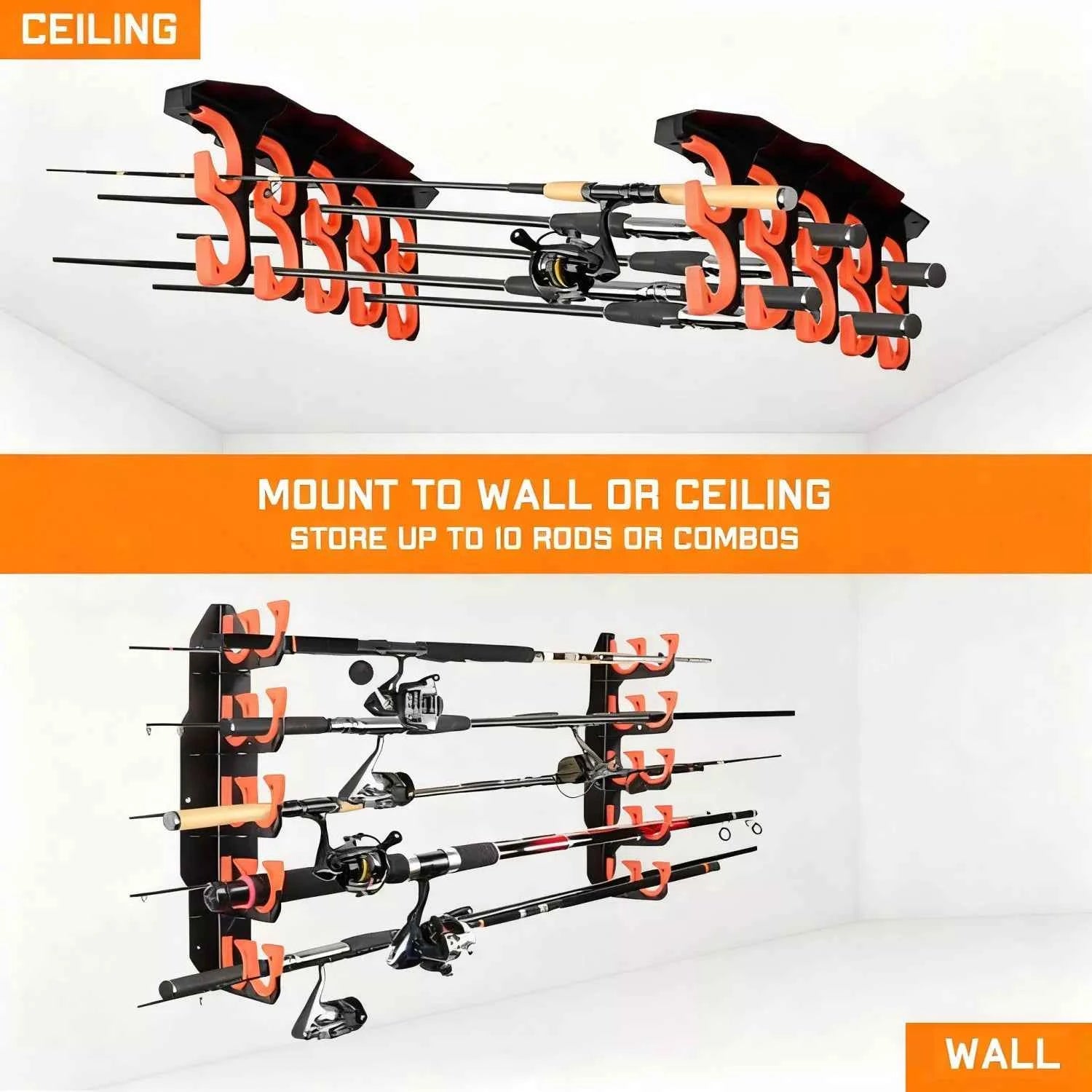 Durable ABS Fishing Rod Rack Garage - Wall Mount Fishing Rod Rack for Spinning & Saltwater Rods
