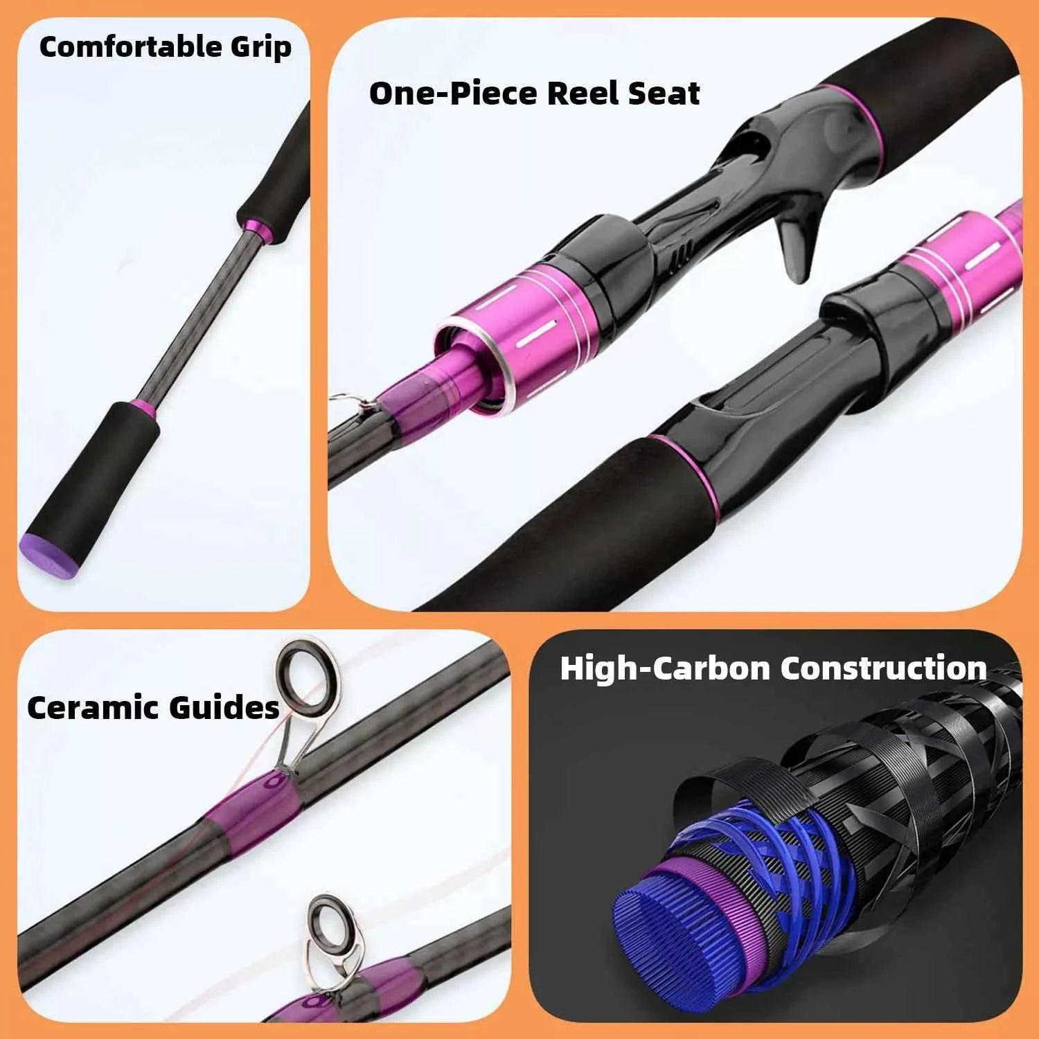 Purple Carbon Fishing Rod and Reel Combo - M Action Fishing Rods and Reels Combo for Freshwater & Saltwater Anglers