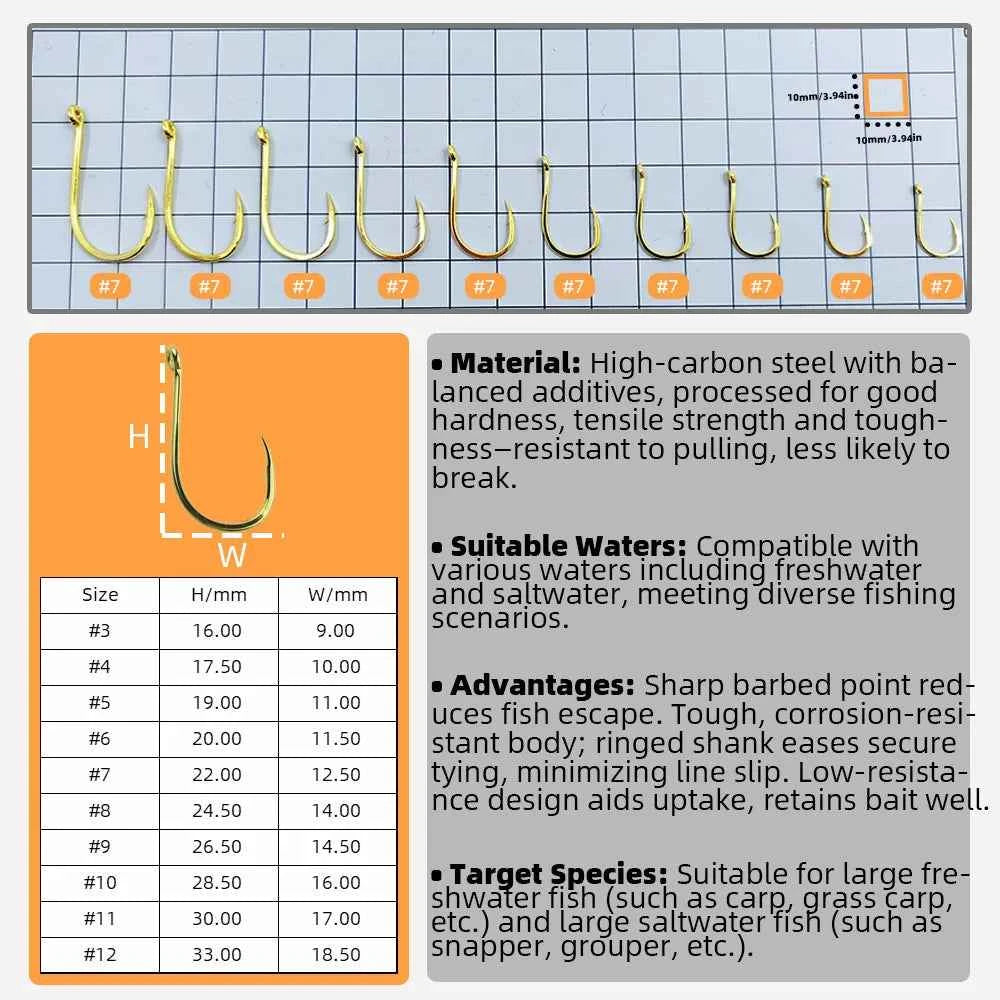 Gold Fishing Hooks for Bass, Salmon & Tuna | High Carbon Steel Barbed Fishing Hooks (#3–#12)