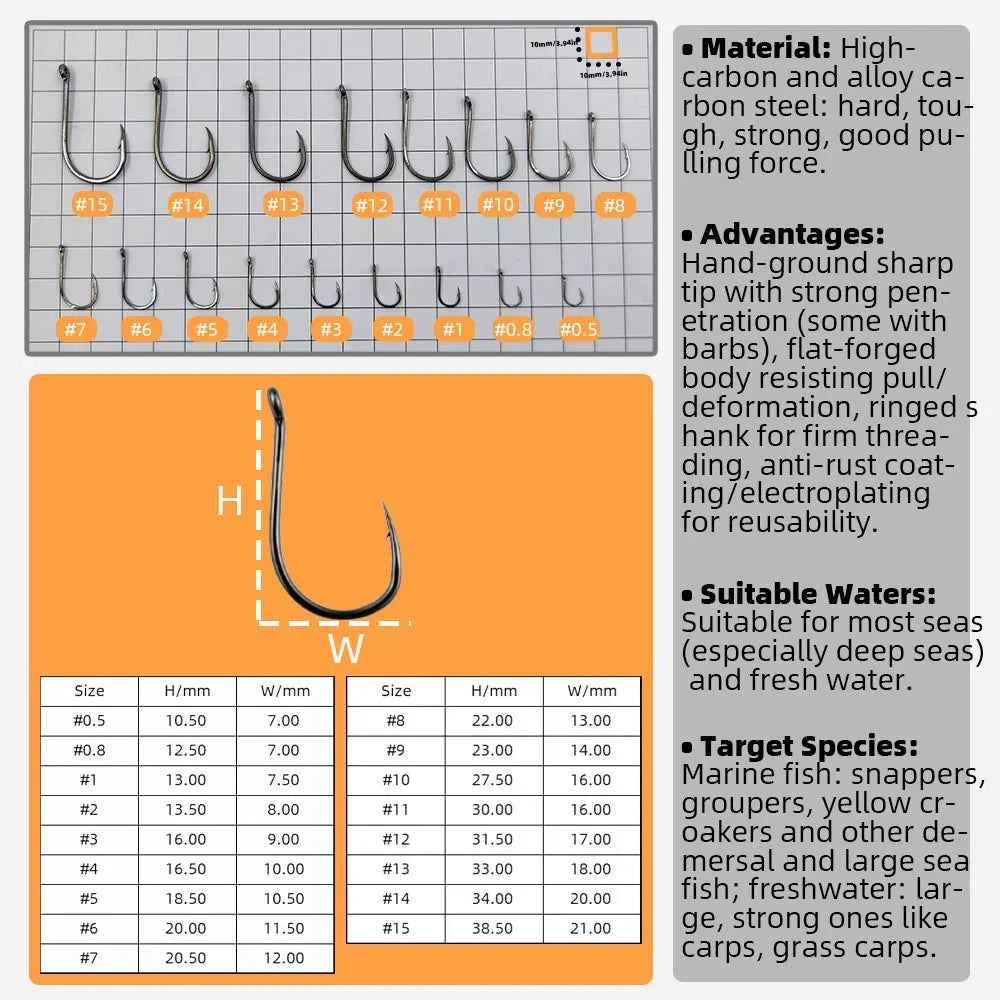 Sharpened Single High Carbon Steel Fishing Hooks | Bream & Carp Tackle Hooks (#0.5–#15)