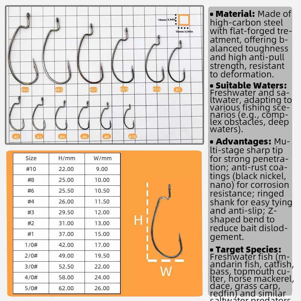 High Carbon Steel EWG Fishing Hooks - Offset Worm Hooks for Bass, Catfish & Soft Baits