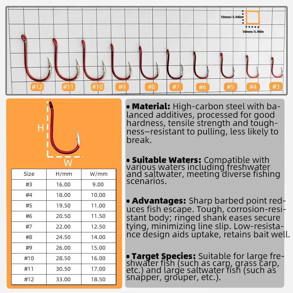 Red Fish Hooks for Bass & Bream – High Carbon Steel Fishing Tackle Hooks (#3–#12)