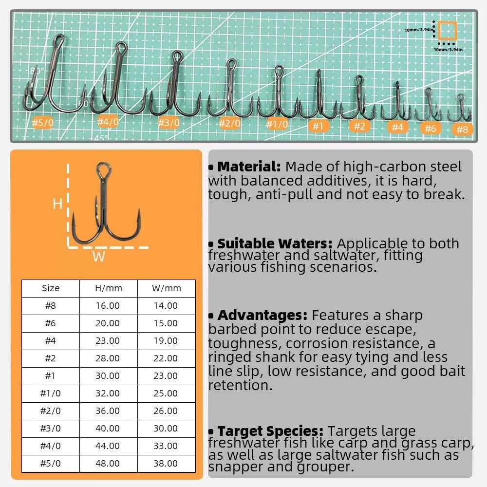 High Carbon Steel Treble Hooks Assorted Sizes #8–#5/0 | Durable Treble Hooks for Bass, Tuna & More
