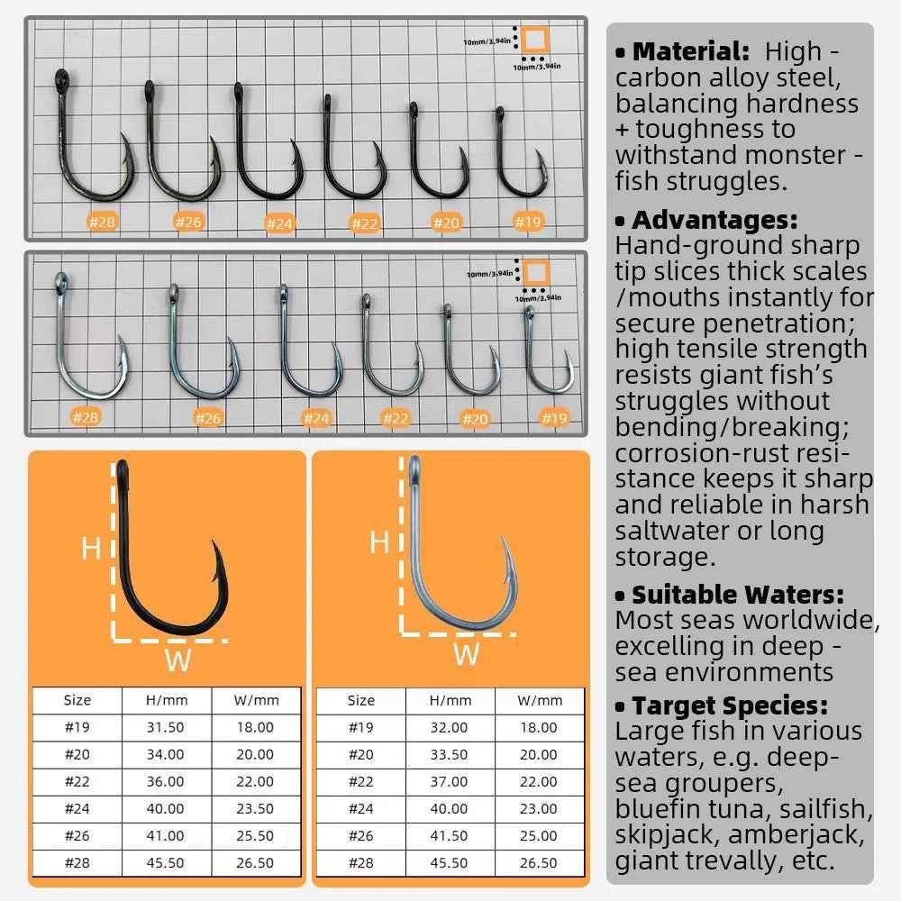 Big Game Fishing Hooks - High-Strength Alloy Steel Offset Tackle Hooks Box (#19–#28)