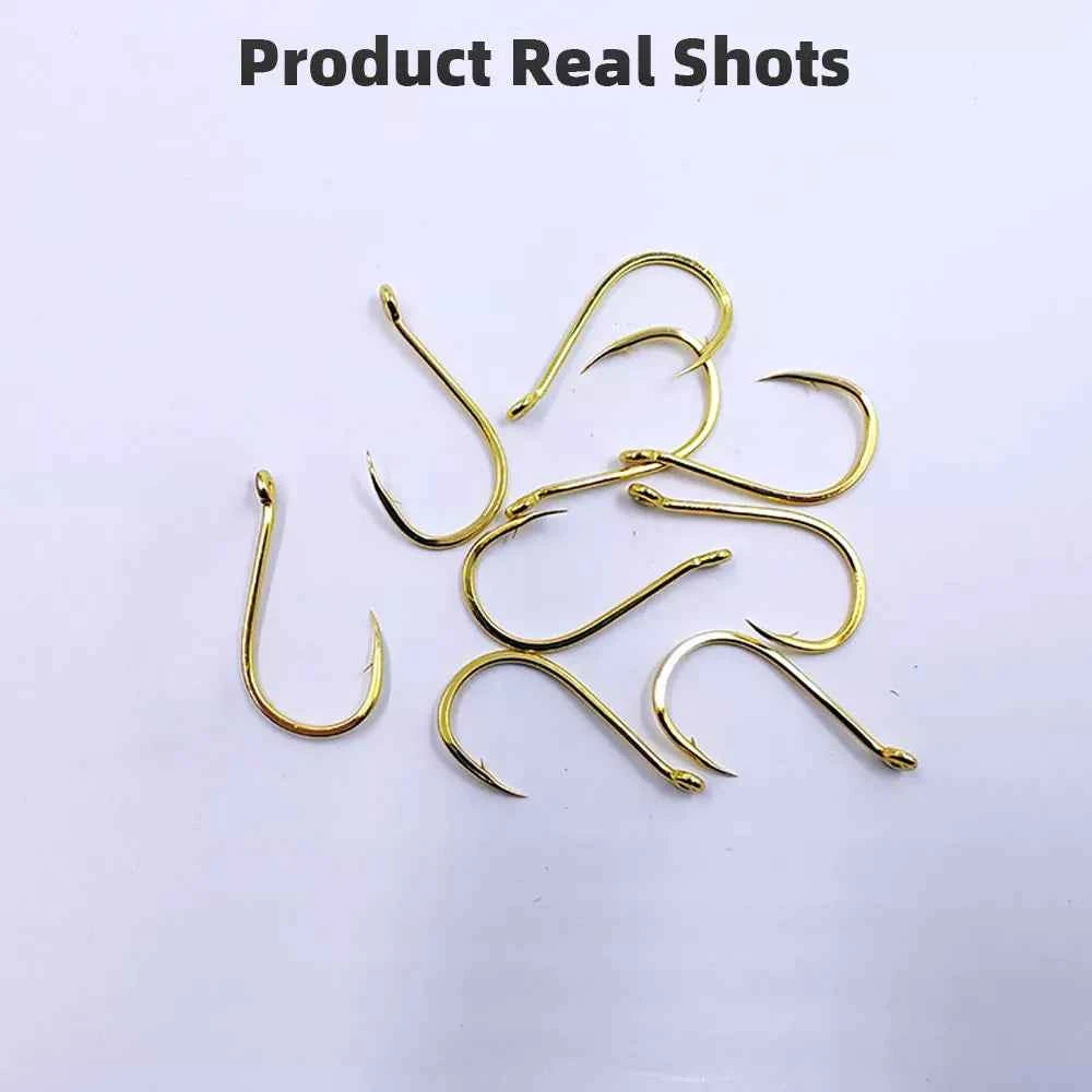Gold Fishing Hooks for Bass, Salmon & Tuna | High Carbon Steel Barbed Fishing Hooks (#3–#12)
