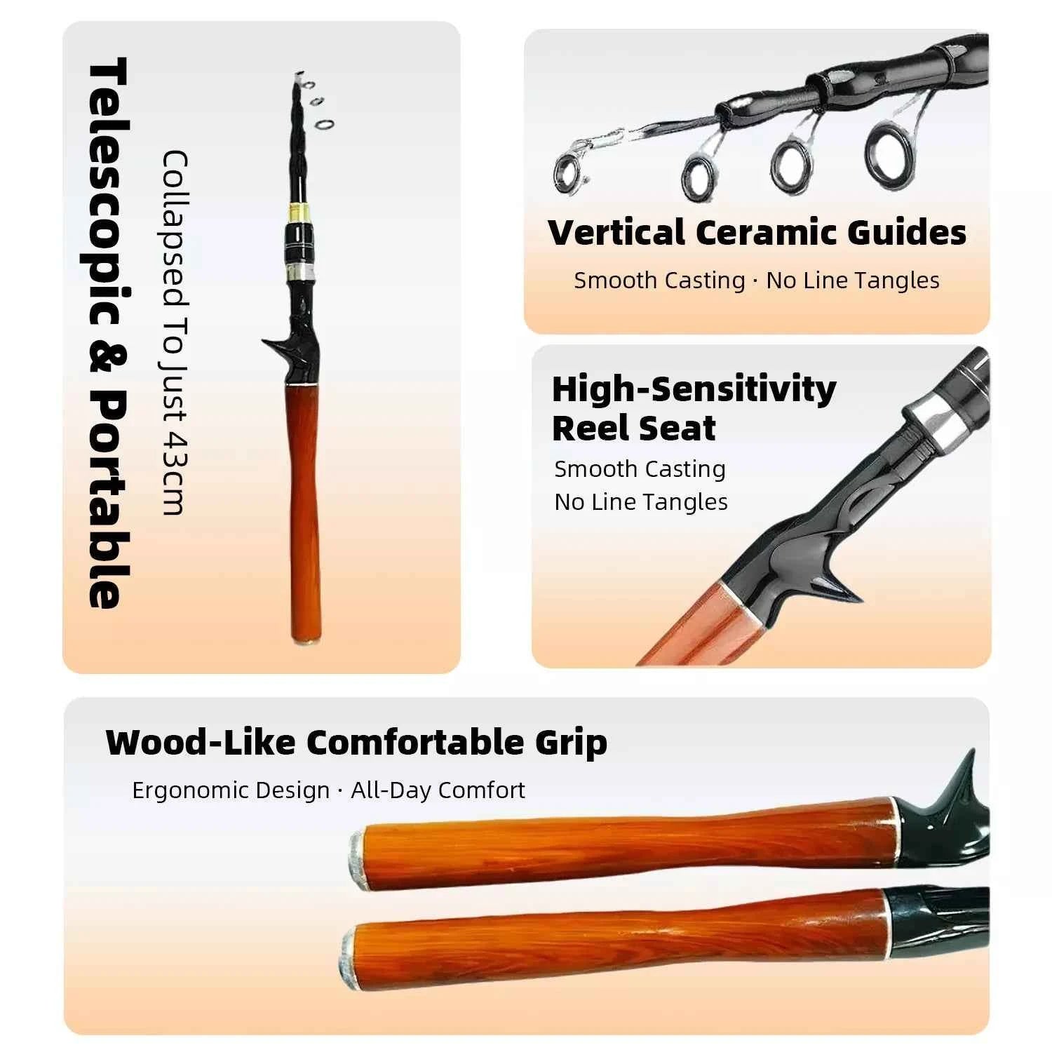 Telescopic Carbon Fishing Rods Rod - Lightweight Spinning/Baitcaster Fishing Rod for Freshwater & Saltwater with Wooden Fishing Rod Grip