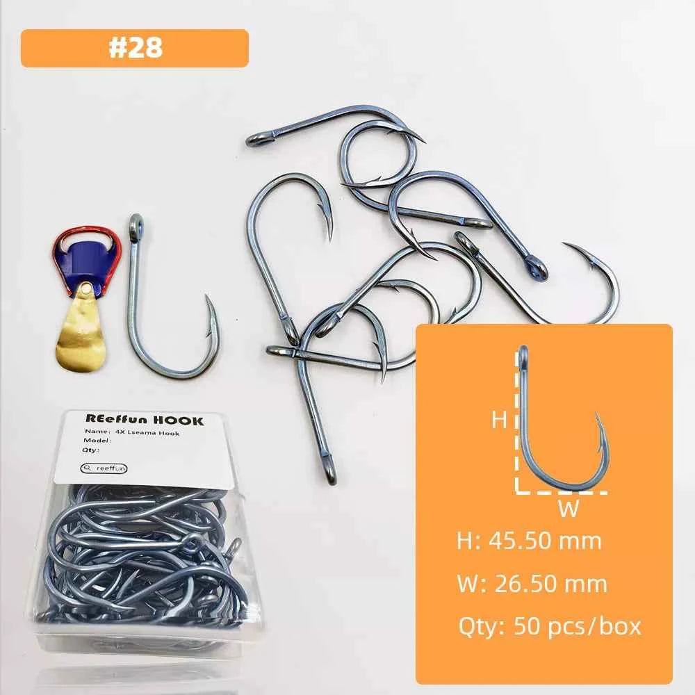 Big Game Fishing Hooks - High-Strength Alloy Steel Offset Tackle Hooks Box (#19–#28)