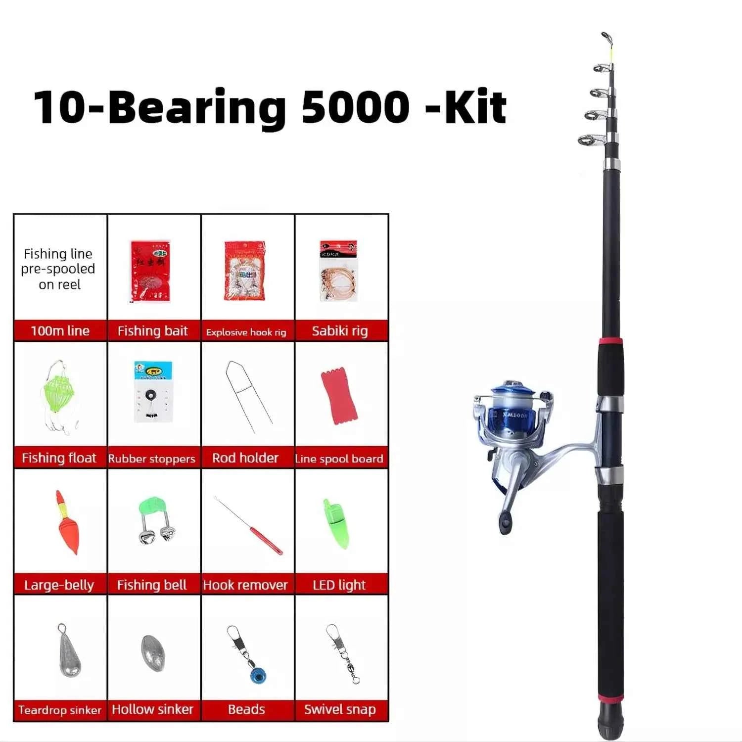 Telescoping Fiberglass Surf Rod and Reel Combo - Heavy-Duty Spinning Reel Rod for All Water Fishing