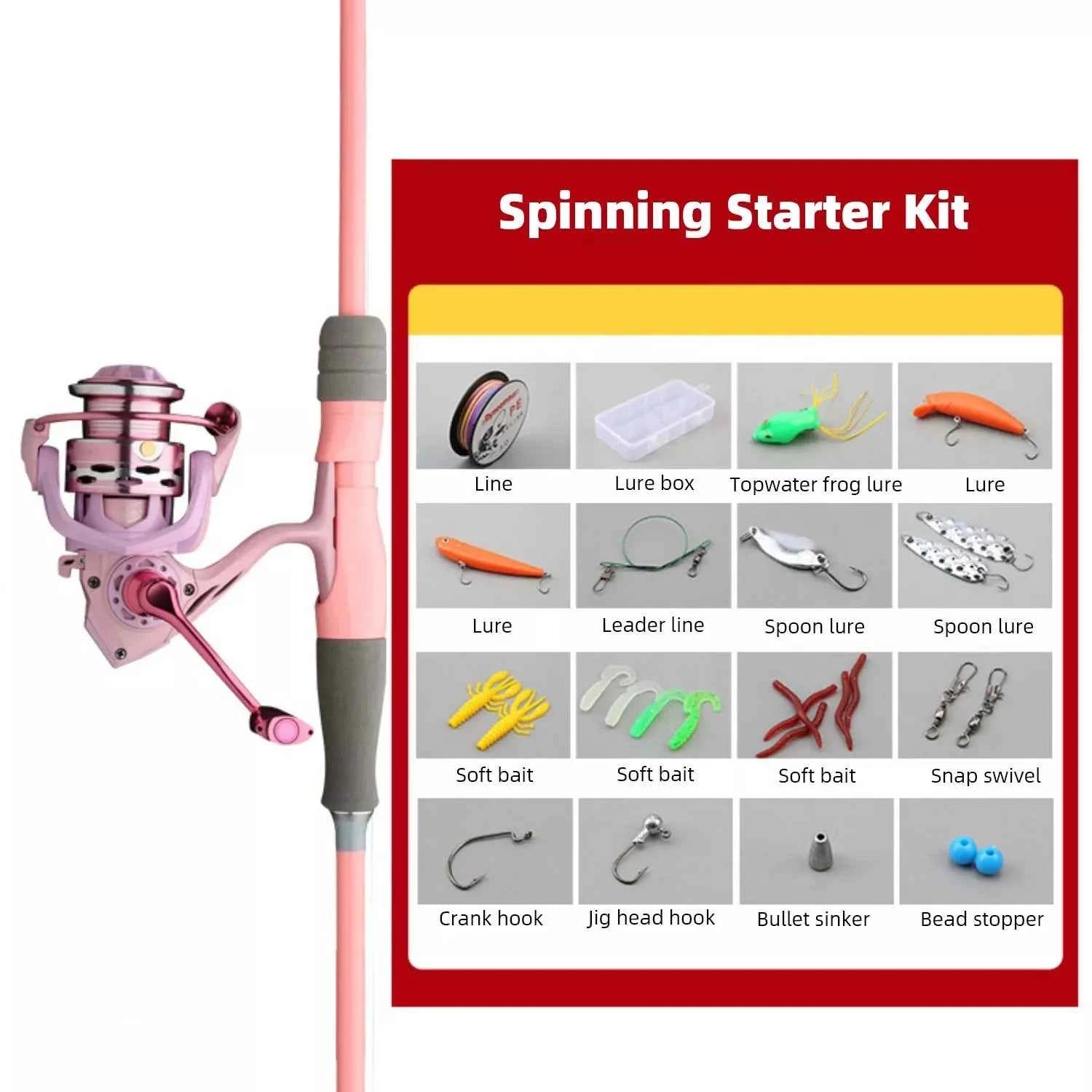 Pink Carbon Fishing Rod and Reel Combo - M/UL Action Spinning/Casting Set with Lures & Line for Lake Fishing