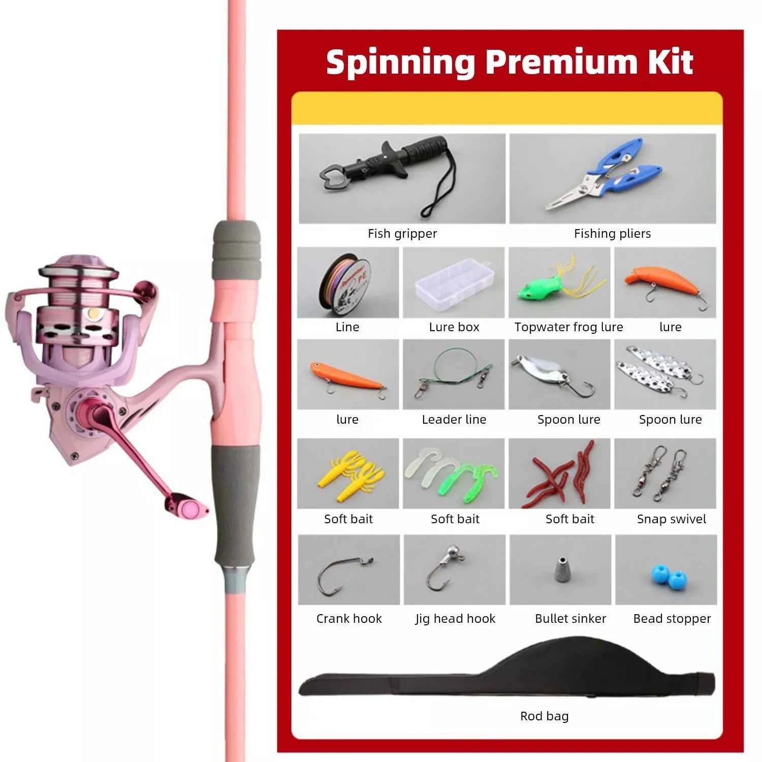 Pink Carbon Fishing Rod and Reel Combo - M/UL Action Spinning/Casting Set with Lures & Line for Lake Fishing