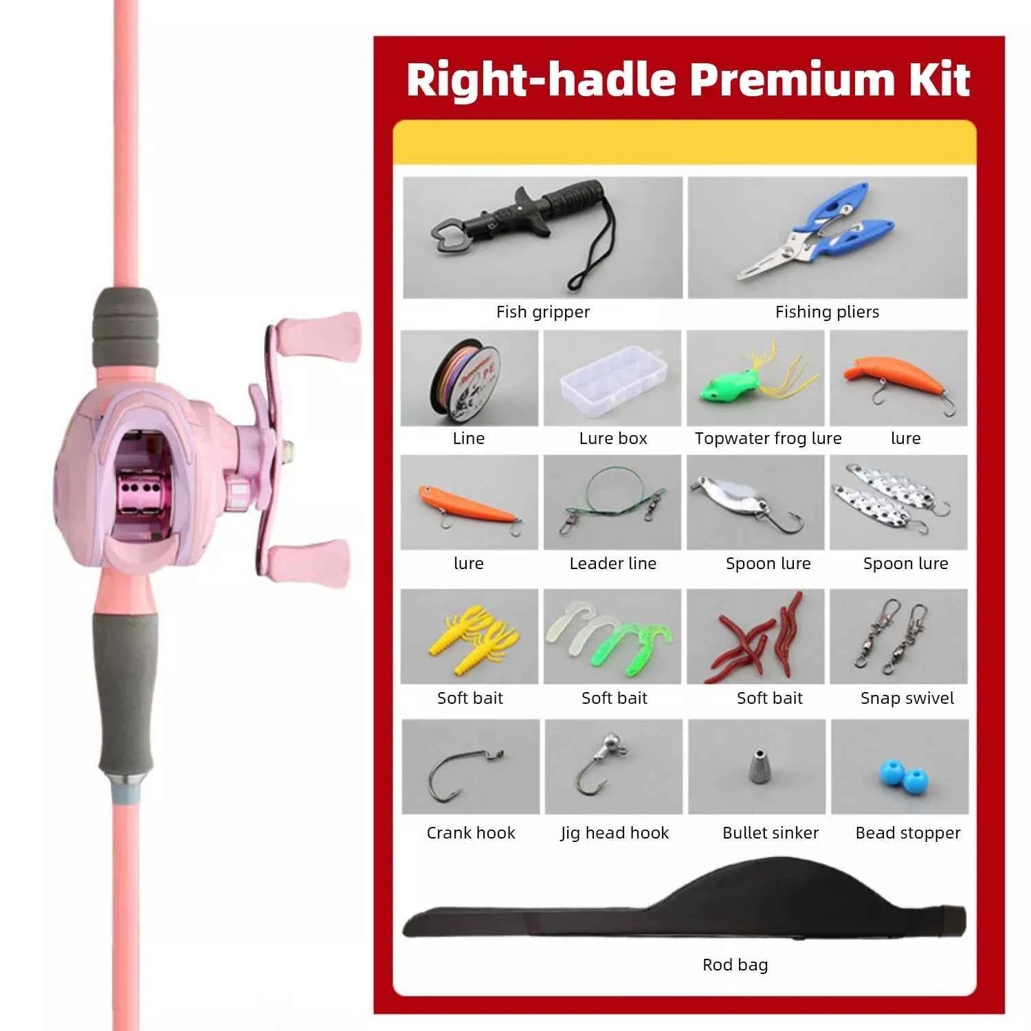 Pink Carbon Fishing Rod and Reel Combo - M/UL Action Spinning/Casting Set with Lures & Line for Lake Fishing