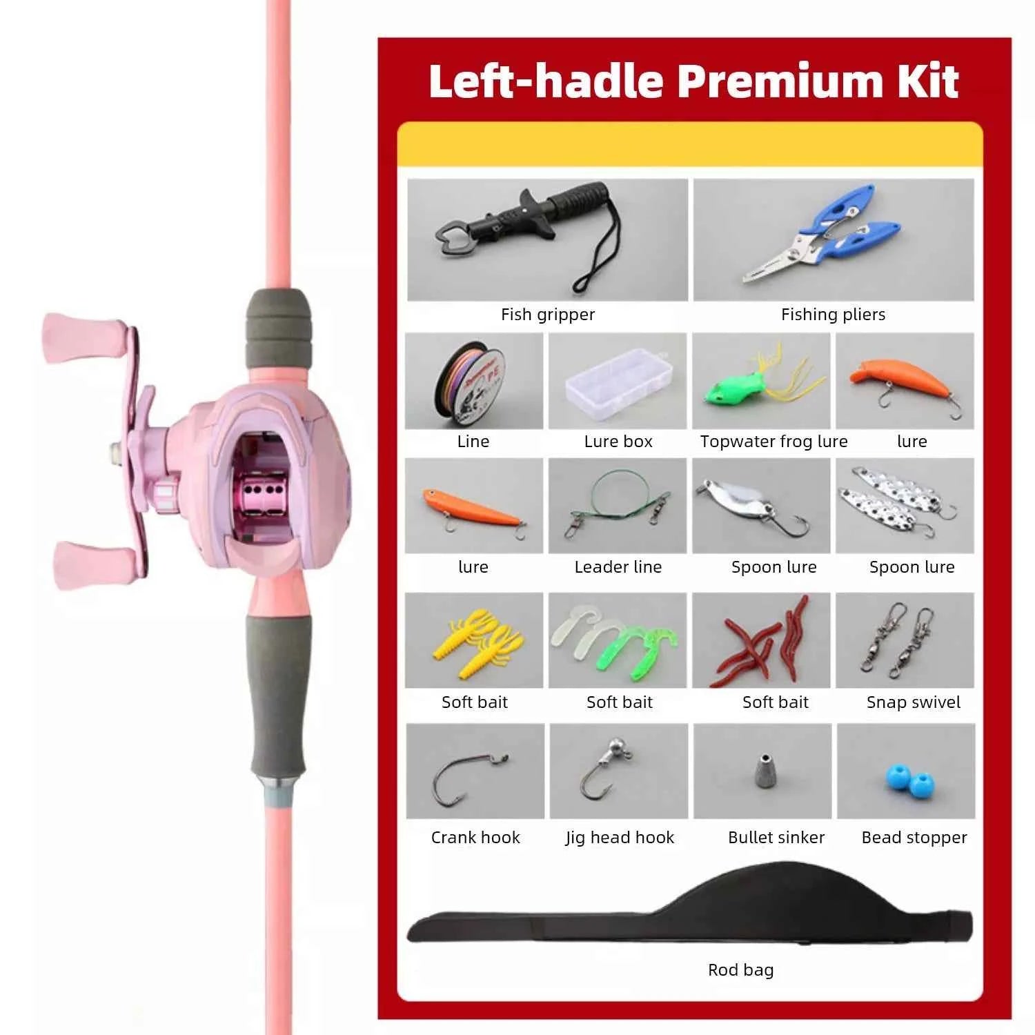 Pink Carbon Fishing Rod and Reel Combo - M/UL Action Spinning/Casting Set with Lures & Line for Lake Fishing