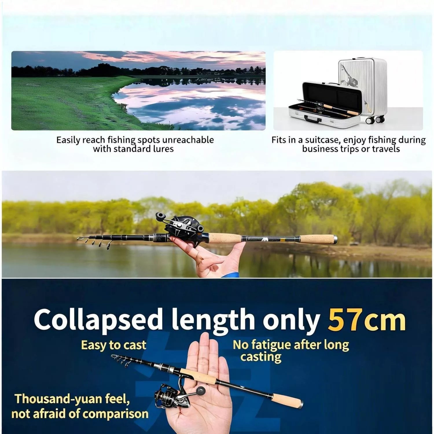 Portable Carbon Fiber Surf Fishing Rod and Reel Combo with Travel Bag - M Action Spinning & Casting Set