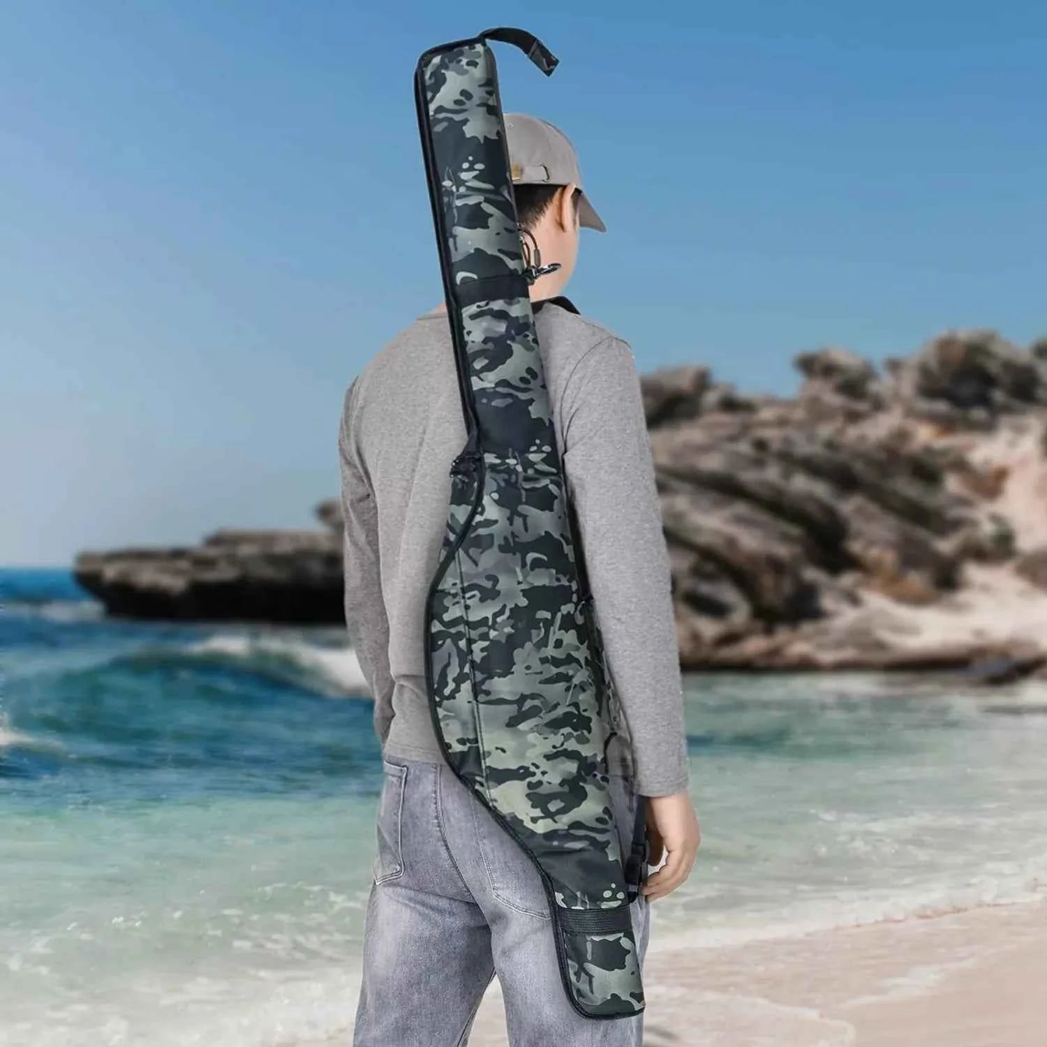 Foldable Camouflage Fishing Rod Bag - Durable Polyester Rod Bags for Fishing with Shoulder/Hand Carry for Outdoor Use