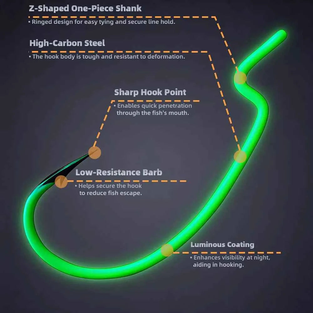 Glow-in-the-Dark Fishing Lure Hooks – Offset Worm Hook for Bass & Catfish with Soft Bait