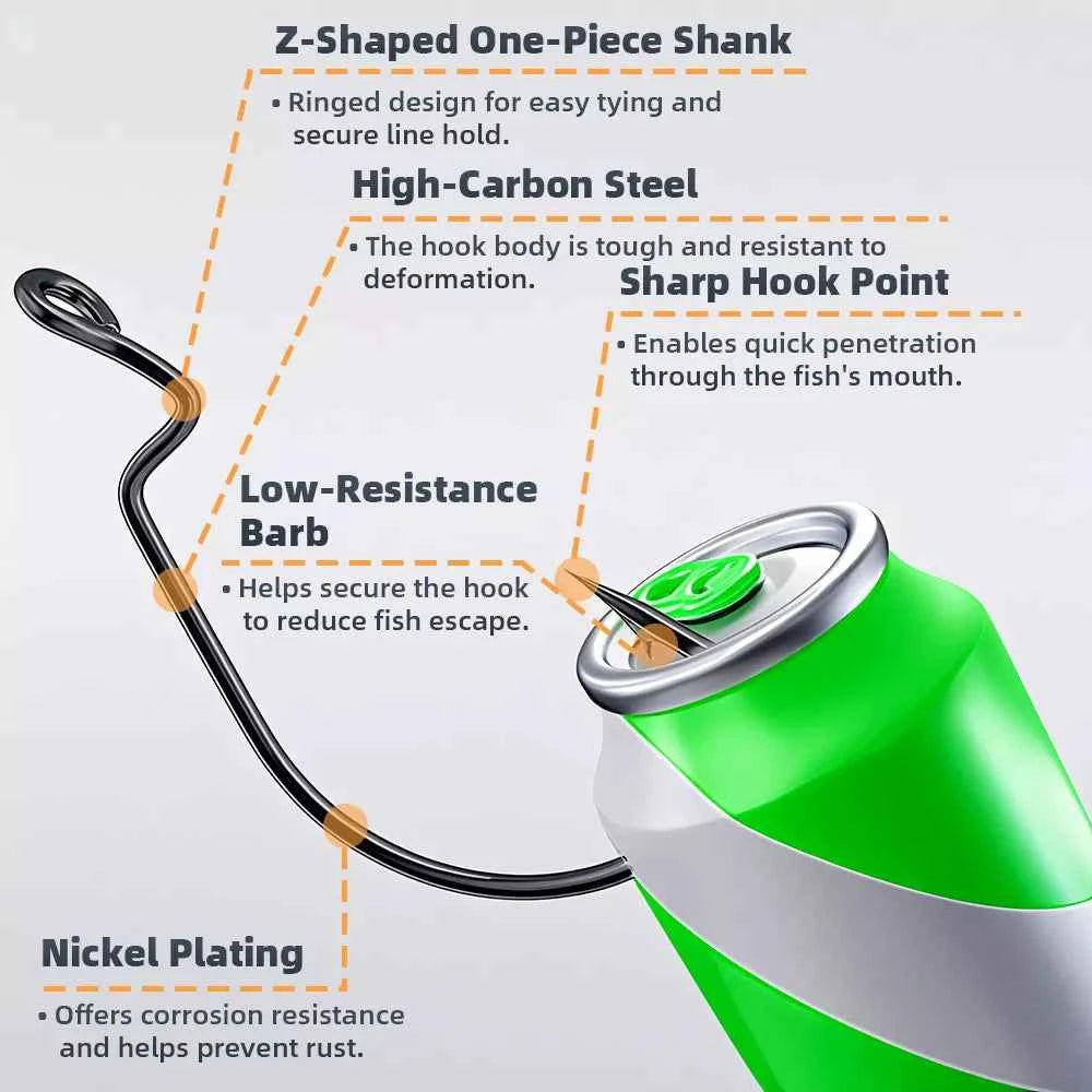 High Carbon Steel EWG Fishing Hooks - Offset Worm Hooks for Bass, Catfish & Soft Baits