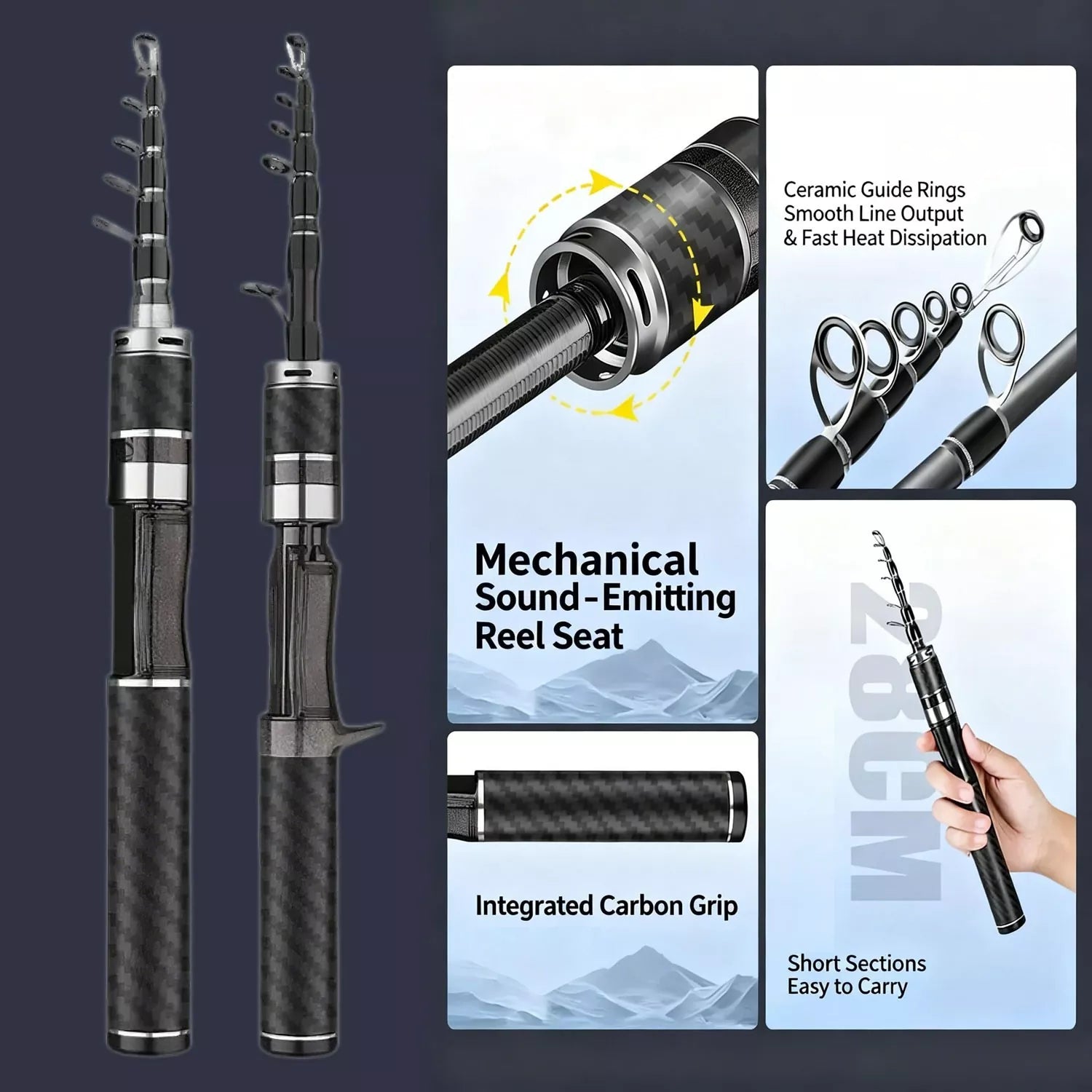 Ultra-Compact Carbon Fiber telescoping fishing rod and reel combo