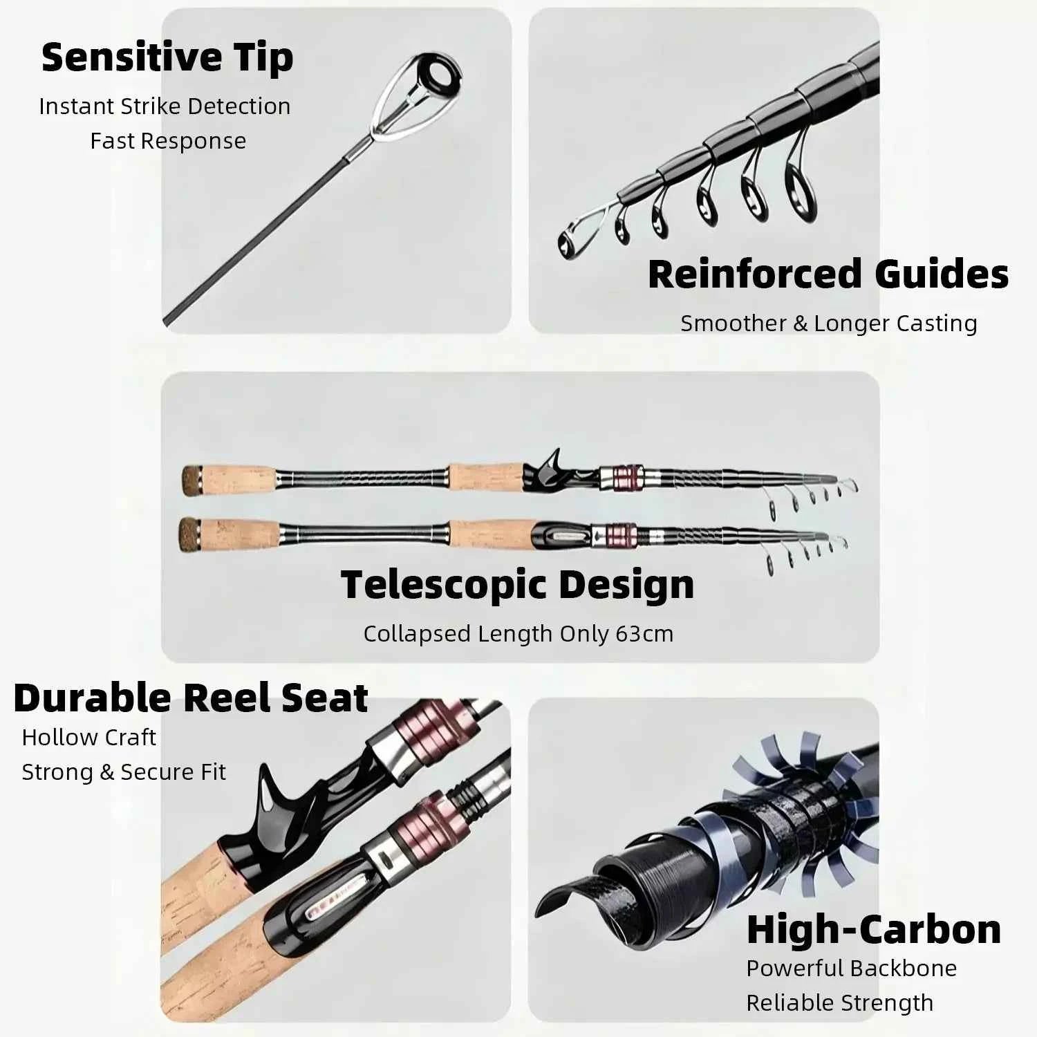 Portable Extendable Fishing Rod - High-Carbon Cork Fishing Rod for Fishing Rods Spinning (1.8m-3.6m, Saltwater Ready)