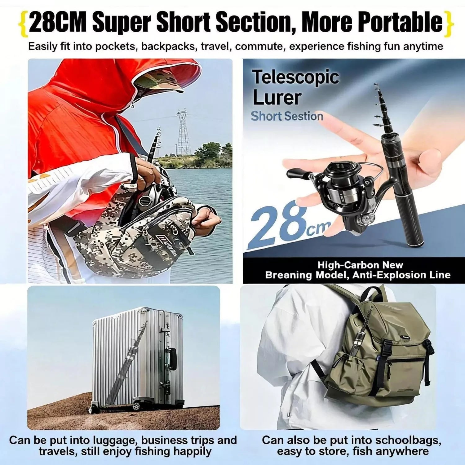 Ultra-Compact Carbon Fiber telescoping fishing rod and reel combo