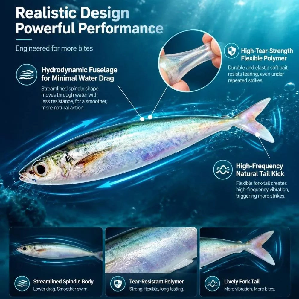 3D Printed Soft Plastic Mackerel Lure with Forked Tail - High-Simulation Saltwater Soft Swimbaits for Sea and Boat Angling