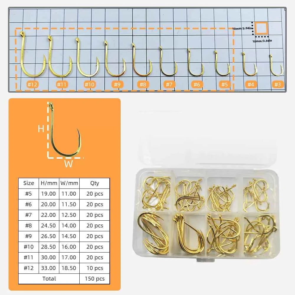 Gold Fishing Hooks for Bass, Salmon & Tuna | High Carbon Steel Barbed Fishing Hooks (#3–#12)