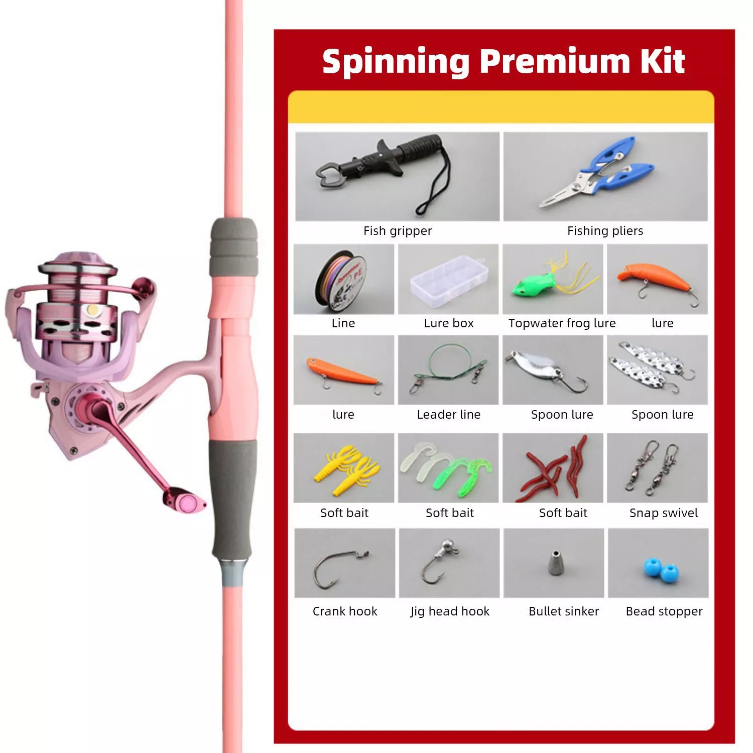 Pink Fishing Rod and Reel Combo - M/UL Action Spinning/Casting Set with Lures & Line for Lake Fishing